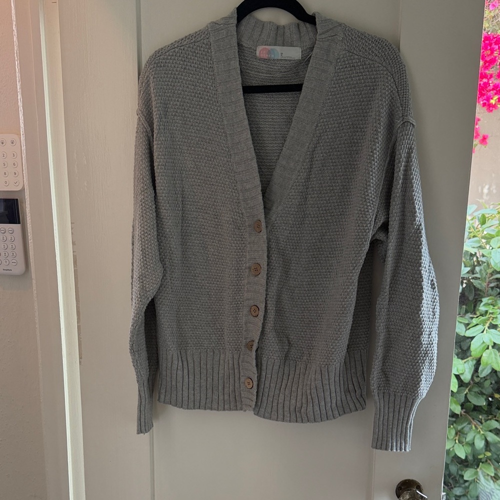 Free People Light Gray Button-Up V-Neck Knit Cardigan
